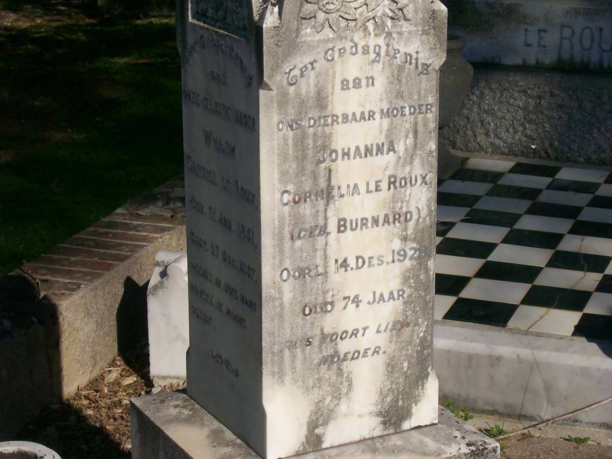 ROUX Willem Gabriel, le 1851-1887 &amp; Johanna Cornelia BURNARD -1928