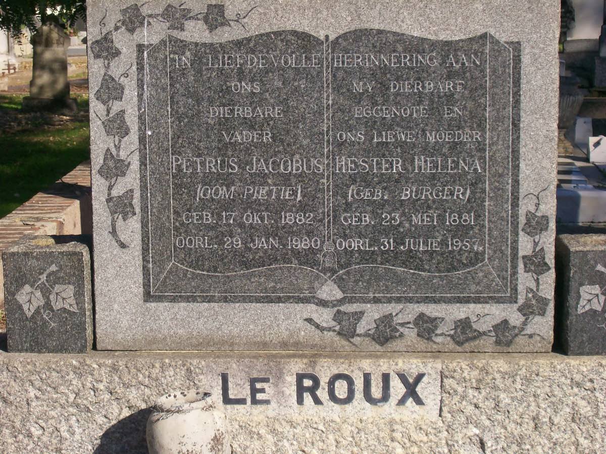 ROUX Petrus Jacobus, le 1882-1980 &amp; Hester Helena BURGER 1881-1957
