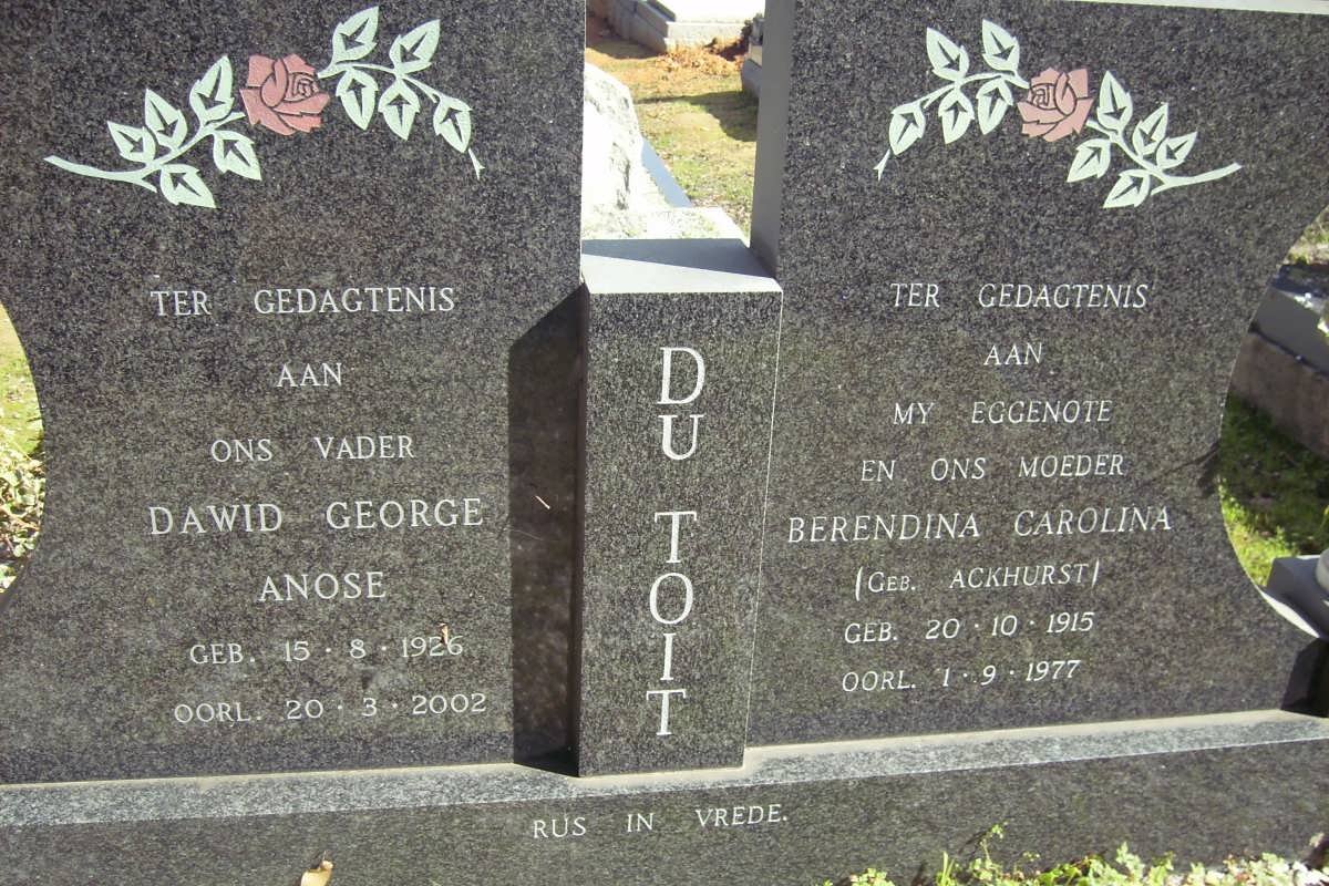 TOIT Dawid George Anose, du 1926-2002 &amp; Berendina Carolina ACKHURST 1915-1977