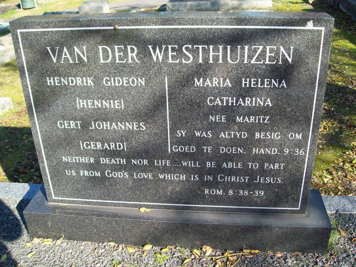 WESTHUIZEN Hendrik Gideon, van der :: VAN DER WESTHUIZEN Maria Helena Catharina nee MARITZ