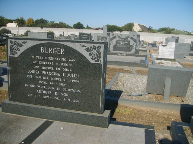 BURGER Andries De Vos 1902-1996 &amp; Louisa Francina VAN DER MERWE 1906-1989
