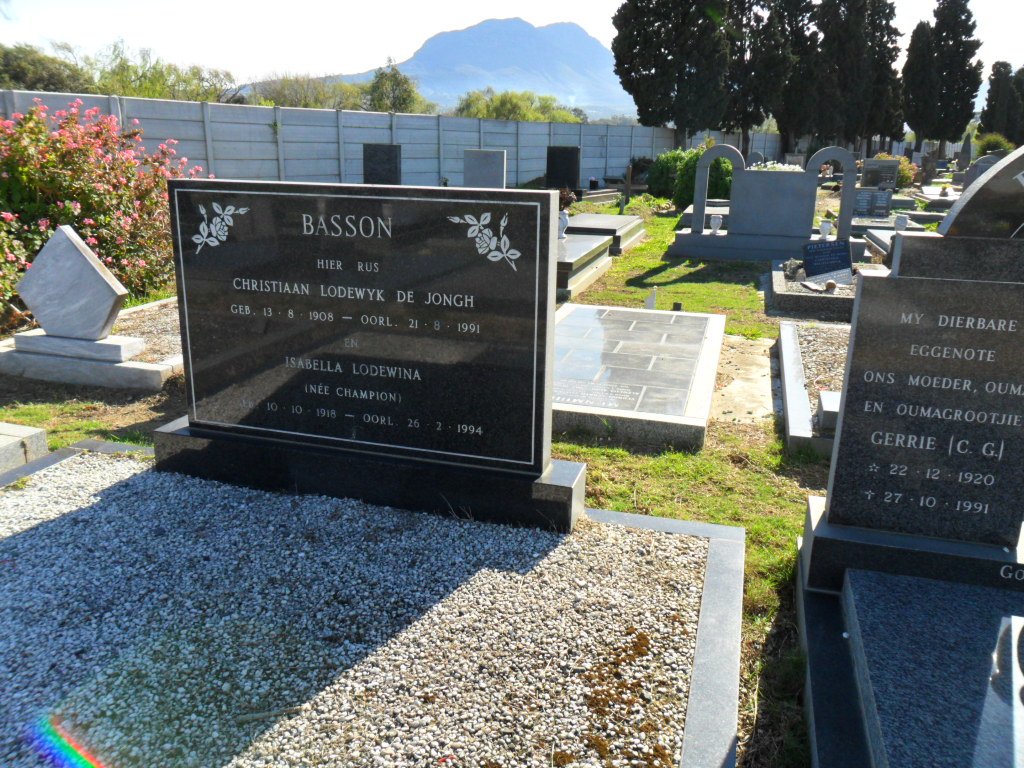 BASSON Christiaan Lodewyk De Jongh 1908-1991 &amp; Isabella Lodewina CHAMPION 1918-1994