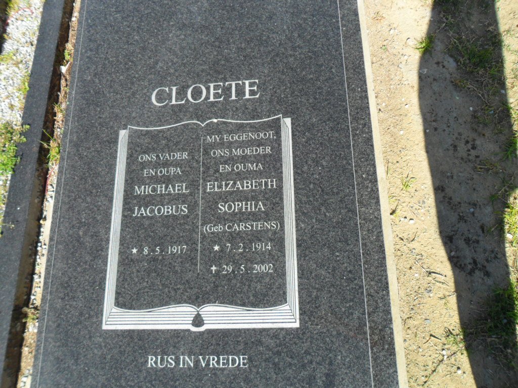 CLOETE Elizabeth Sophia nee CARSTENS 1914-2002 &amp; Michael Jacobus 1917-