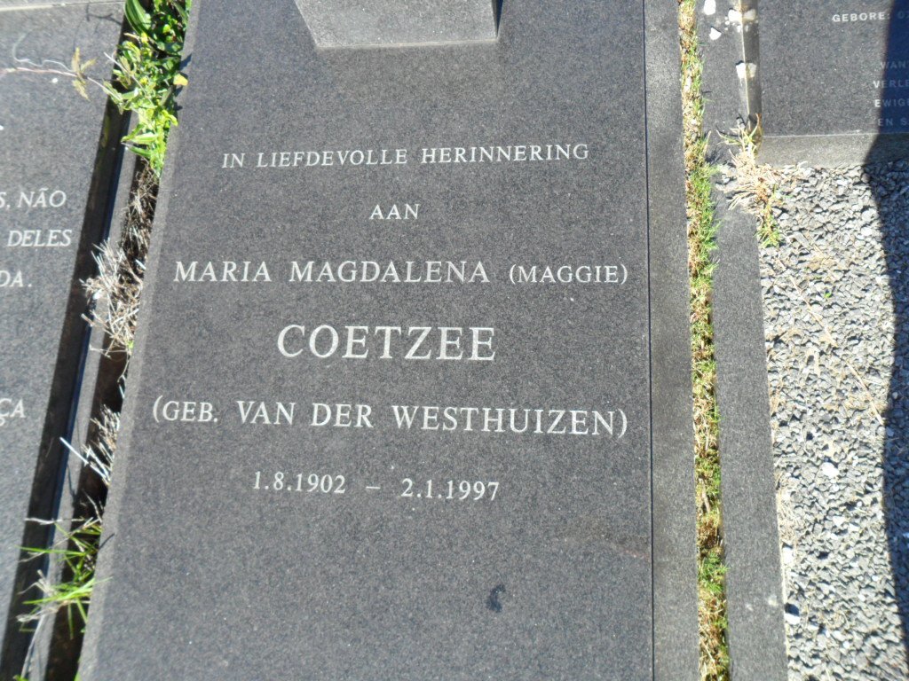 COETZEE Maria Magdalena nee VAN DER WESTHUIZEN 1902-1997