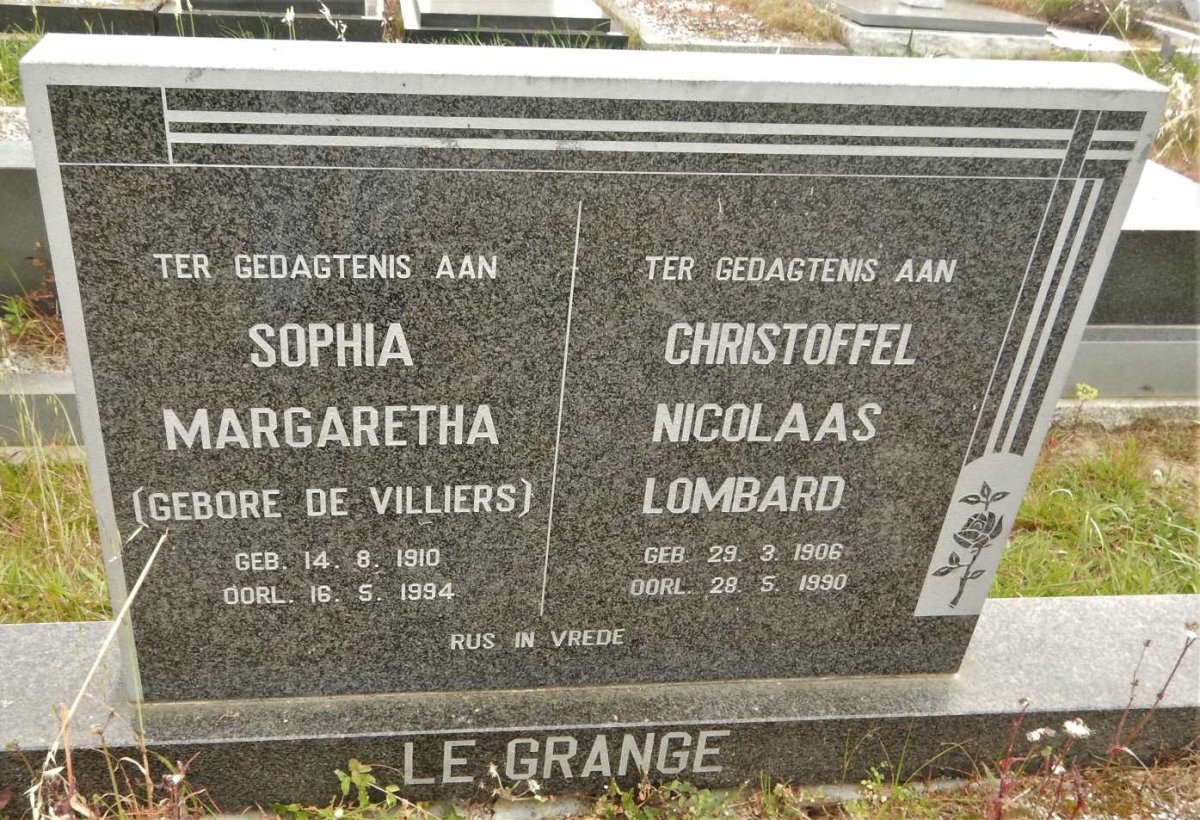 GRANGE Christoffel Nicolaas Lombard, le 1906-1990 &amp; Sophia Margaretha DE VILLIERS 1910-1994