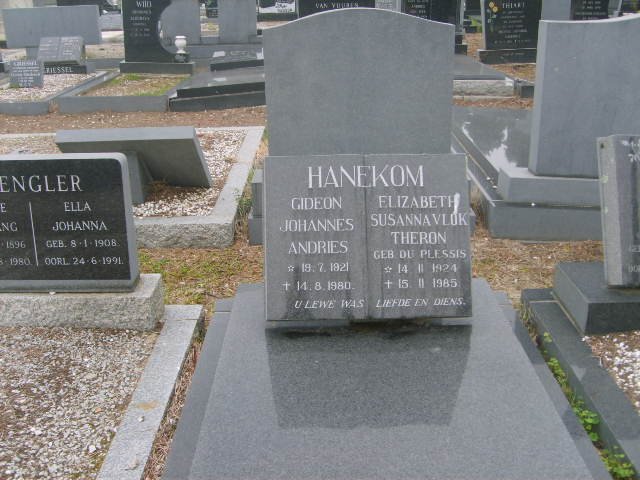HANEKOM Gideon Johannes Andries 1921-1980 &amp; Elizabeth Susanna Vlok Theron DU PLESSIS 1924-1985