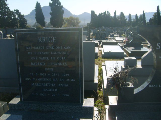 KRIGE Barend Johannes 1923-1989 &amp; Margaretha Anna 1927-1996