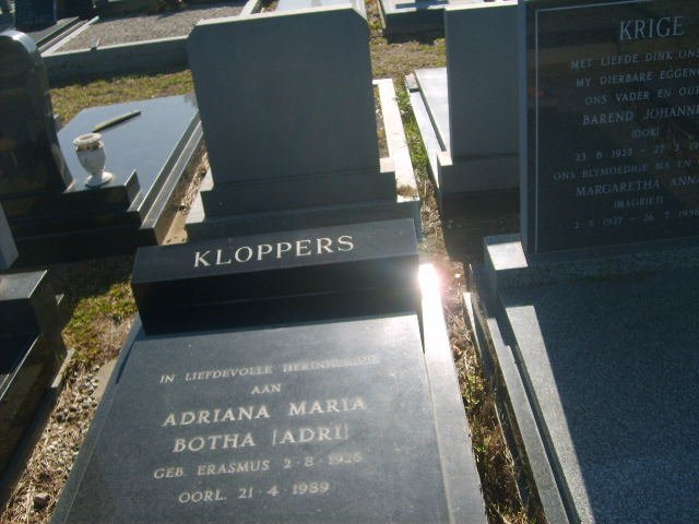 KLOPPERS Adriana Maria Botha nee ERASMUS 1926-1989