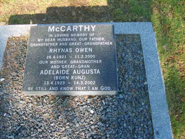 McCARTHY Rhynas Owen 1921-2000 &amp; Adelaide Augusta KUNZ 1929-2002