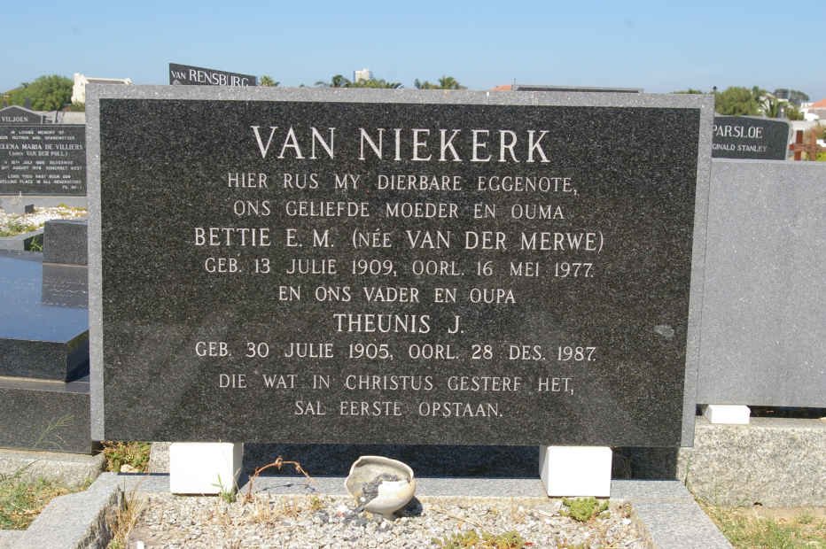 NIEKERK Theunis J., van 1905-1987 &amp; Bettie E.M. VAN DER MERWE 1909-1977