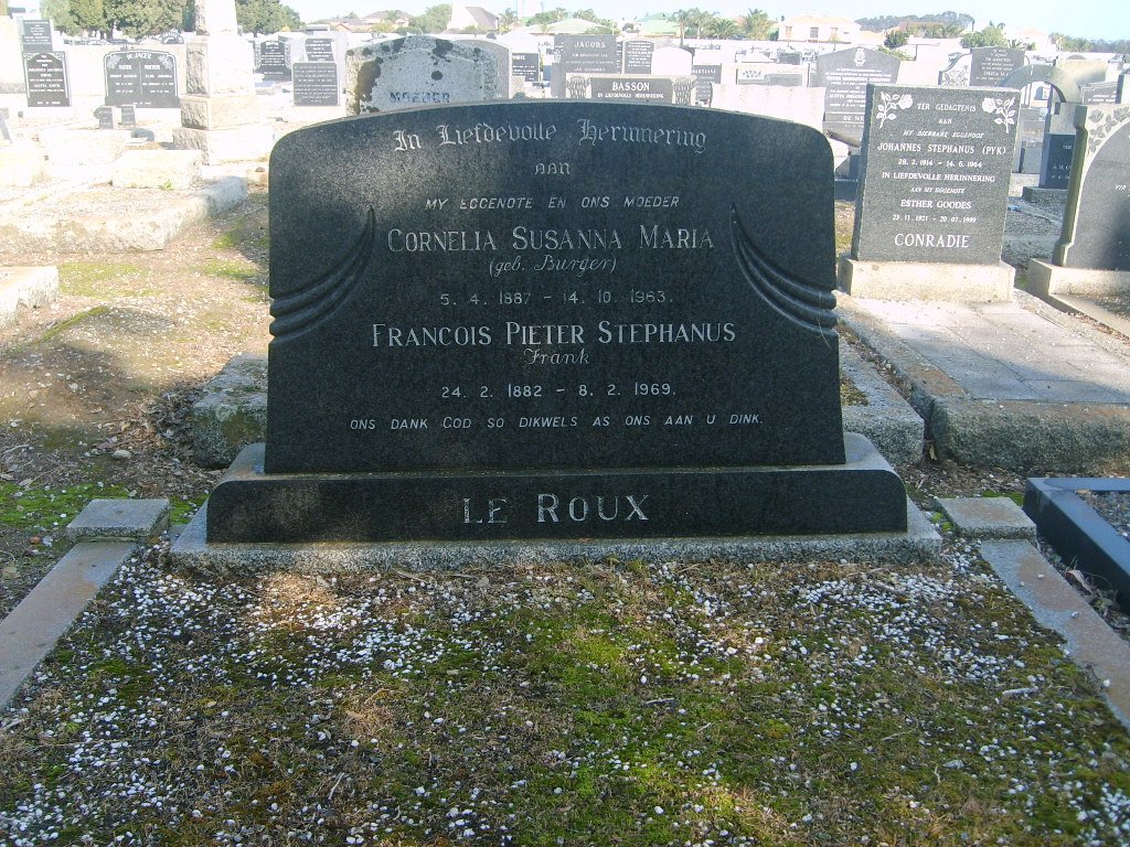 ROUX Francois Pieter Stephanus, le 1882-1969 &amp; Cornelia Sussana Maria BURGER 1887-1963