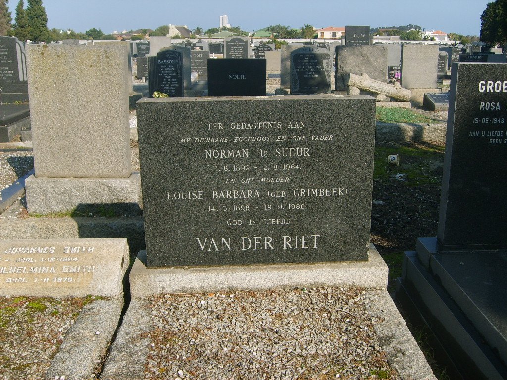 RIET Norman Le Sueur, van der 1892-1964 &amp; Louise Barbara GRIMBEEK 1898-1980