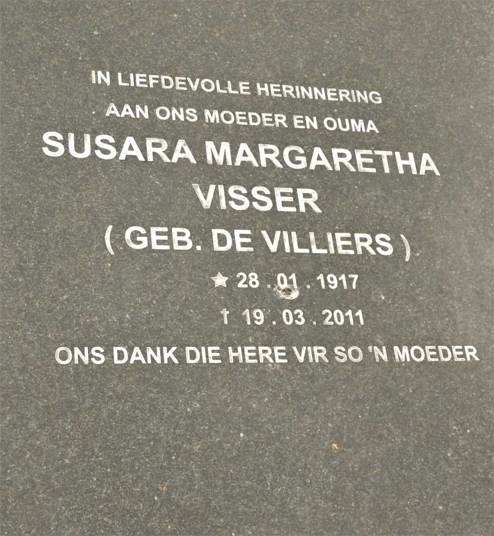 VISSER Susara Margaretha nee DE VILLIERS 1917-2011