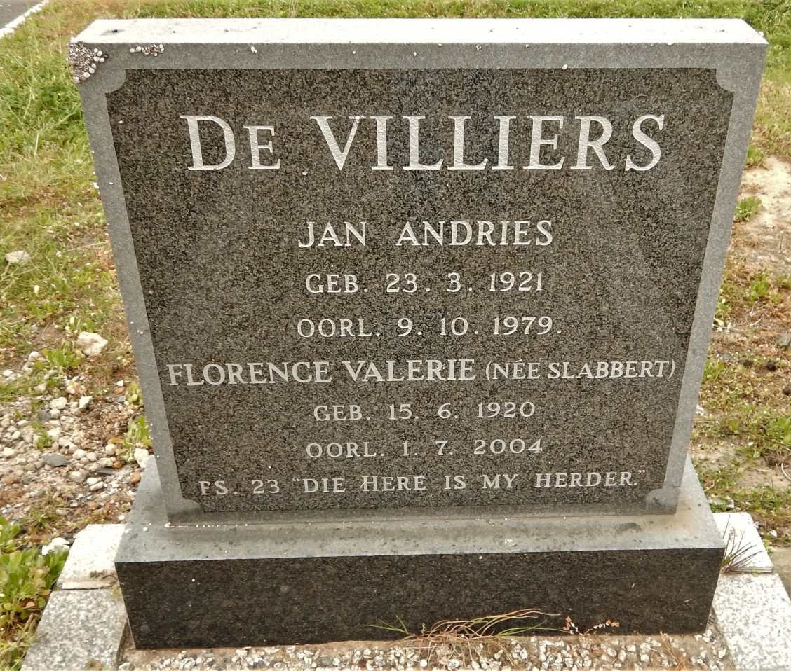 VILLIERS Jan Andries, de 1921-1979 &amp; Florence Valerie SLABBERT 1920-2004
