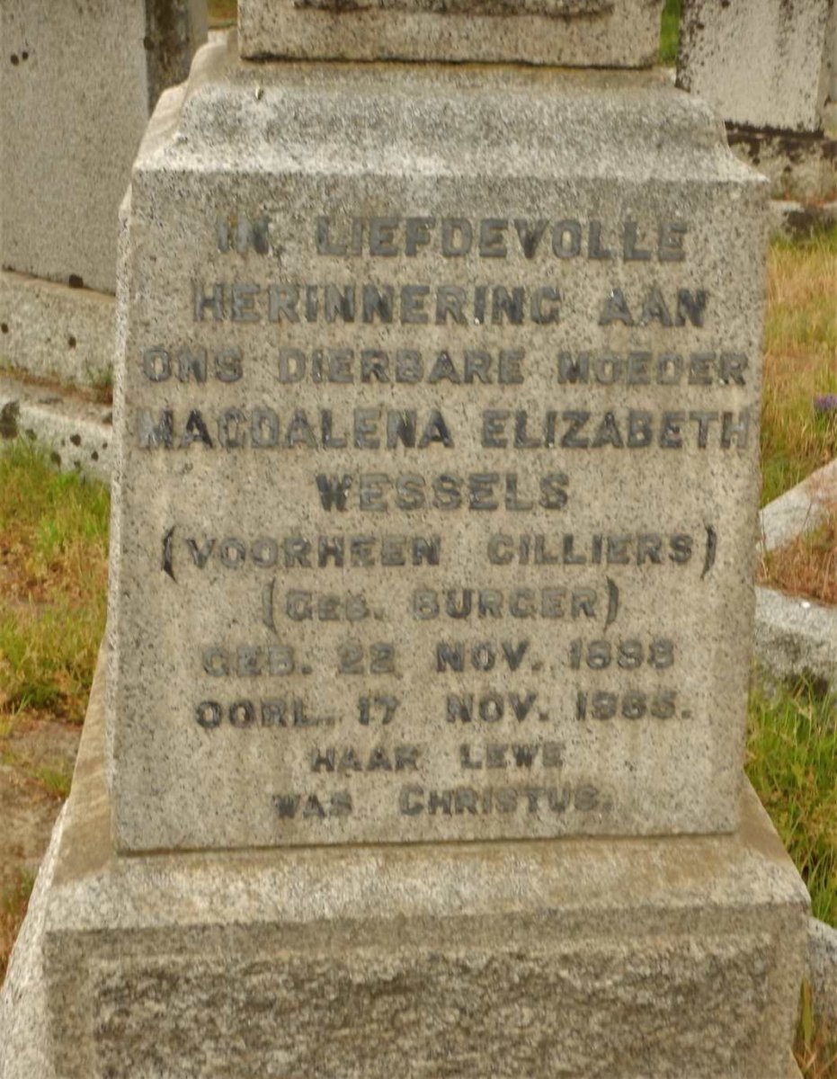 WESSELS Magdalena Elizabeth voorheen CILLIERS nee BURGER 1898-19?5