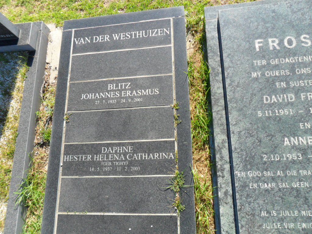 WESTHUIZEN Johannes Erasmus, van der 1935-2001 &amp; Hester Helena Catharina TIGHY 1937-2003