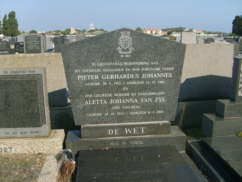 WET Pieter Gerhardus Johannes, de 1912-1966 &amp; Aletta Johanna Van Zyl TANCRED 1913-2003