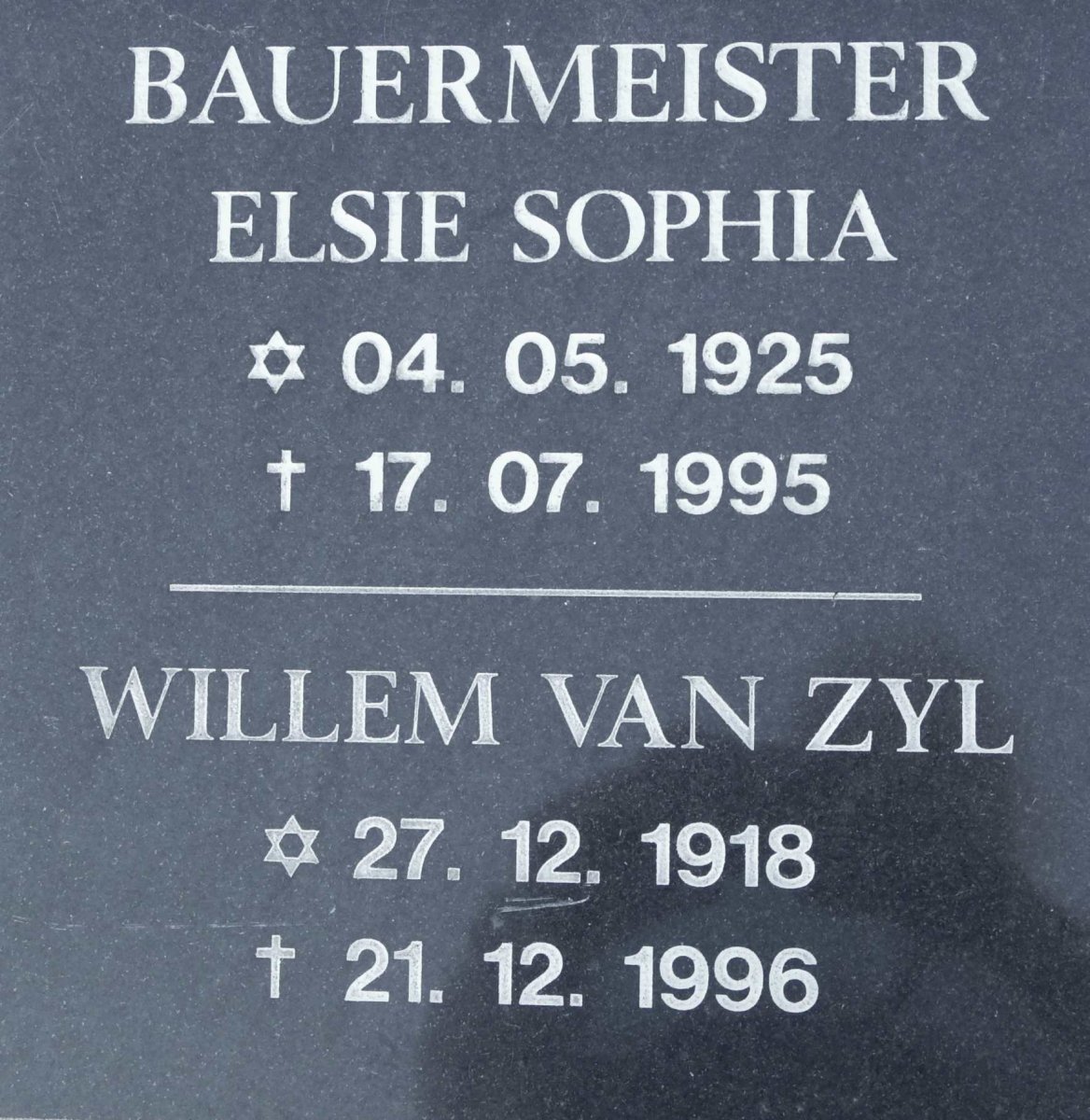 BAUERMEISTER Willem van Zyl 1918-1996 &amp; Elsie Sophia 1925-1995