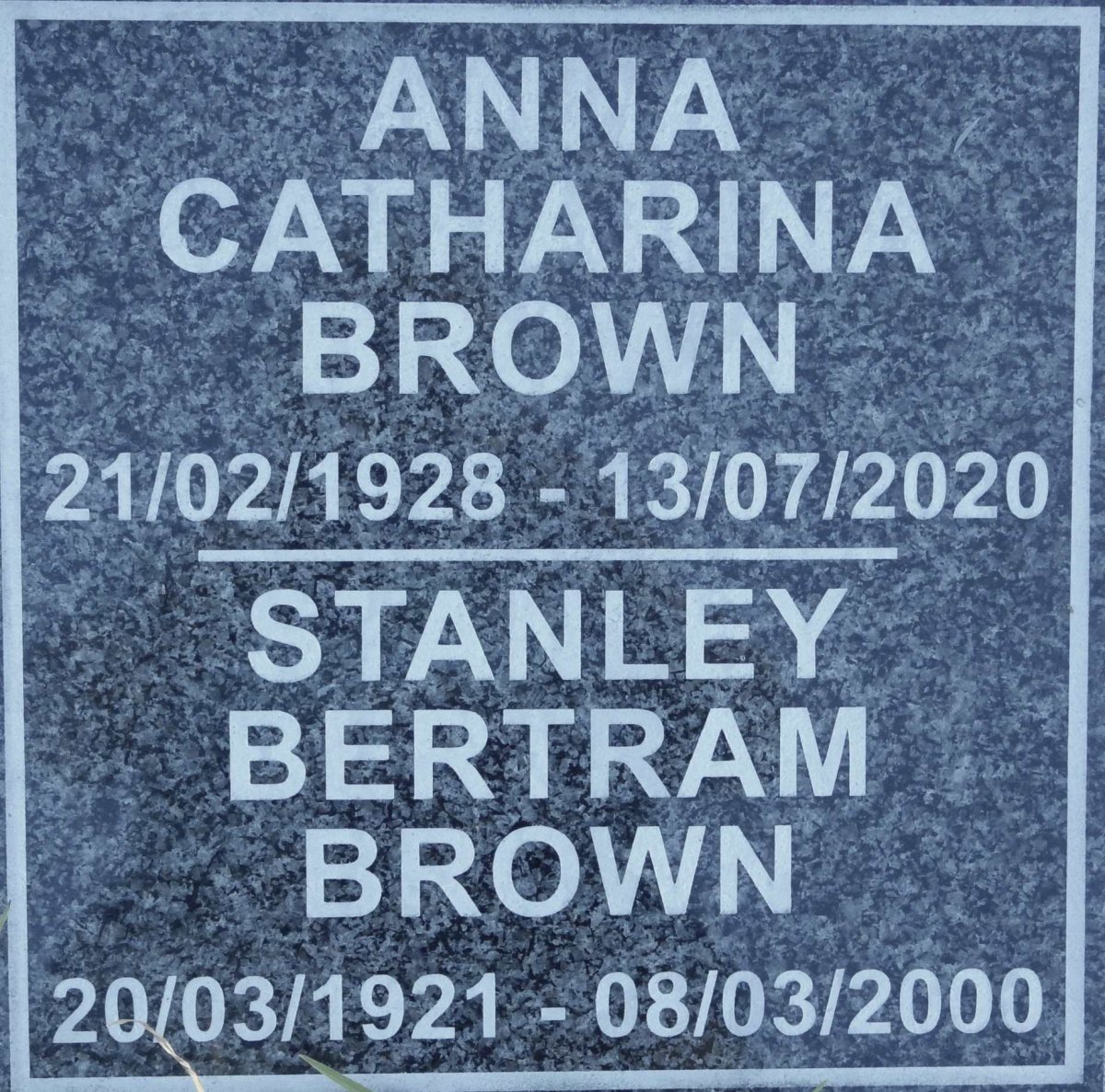 BROWN Stanley Bertram 1921-2000 &amp; Anna Catharina 1928-2020