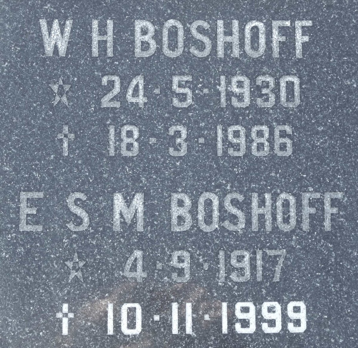 BOSHOFF E.S.M. 1917-1999 :: BOSHOFF W.H. 1930-1986