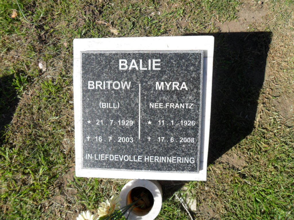 BALIE Britow 1929-2003 &amp; Myra FRANTZ 1926-2008