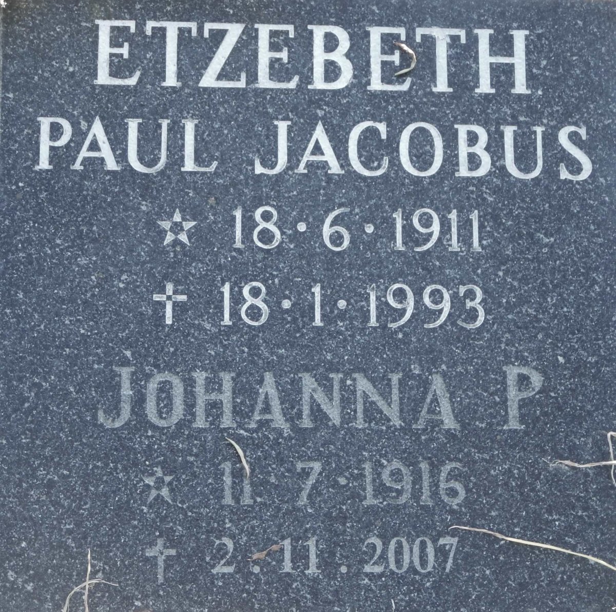 ETZEBETH Paul Jacobus 1911-1993 &amp; Johanna P. 1916-2007