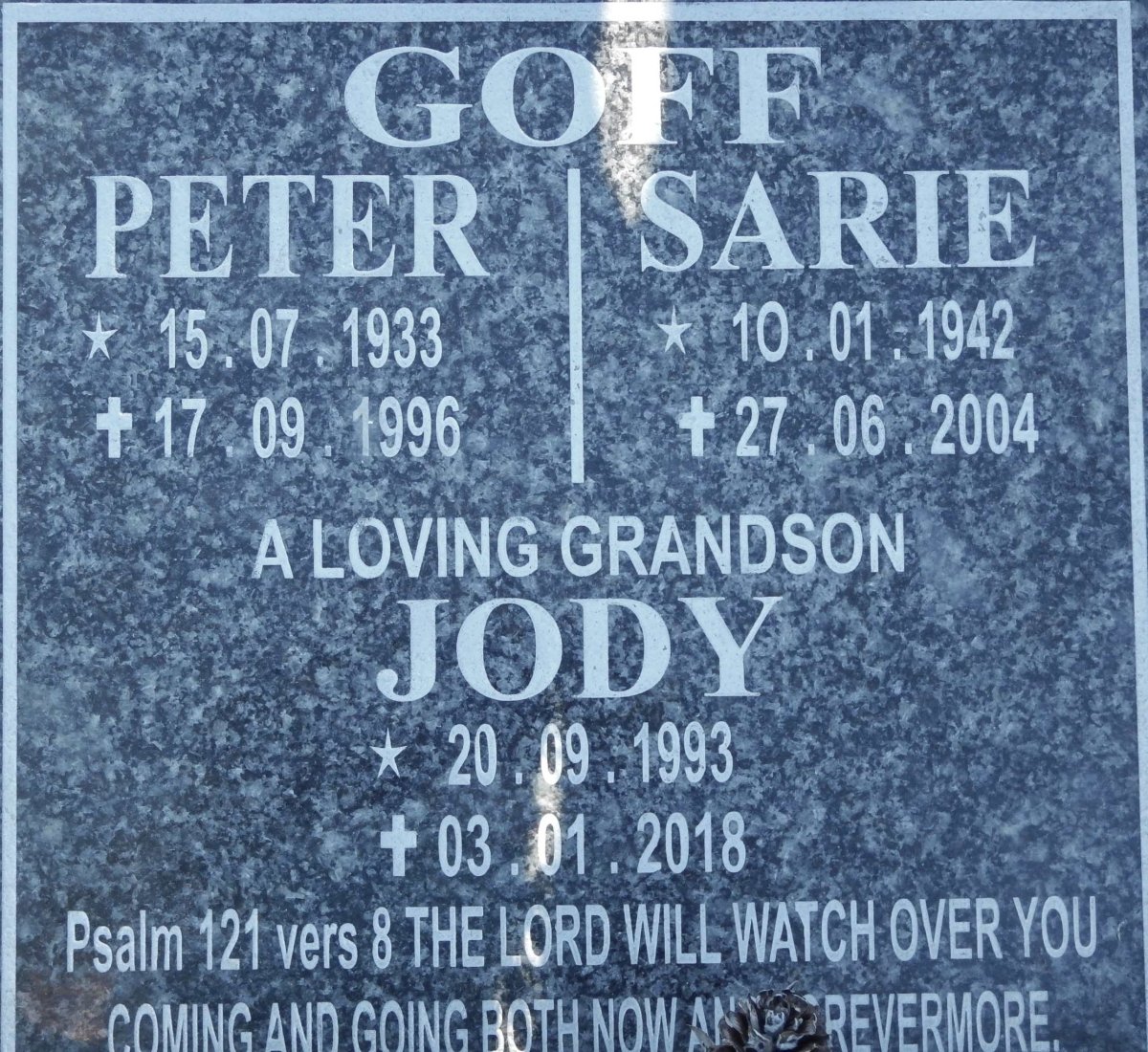 GOFF Peter 1933-1996 &amp; Sarie 1942-2004 :: GOFF Jody 1993-2018