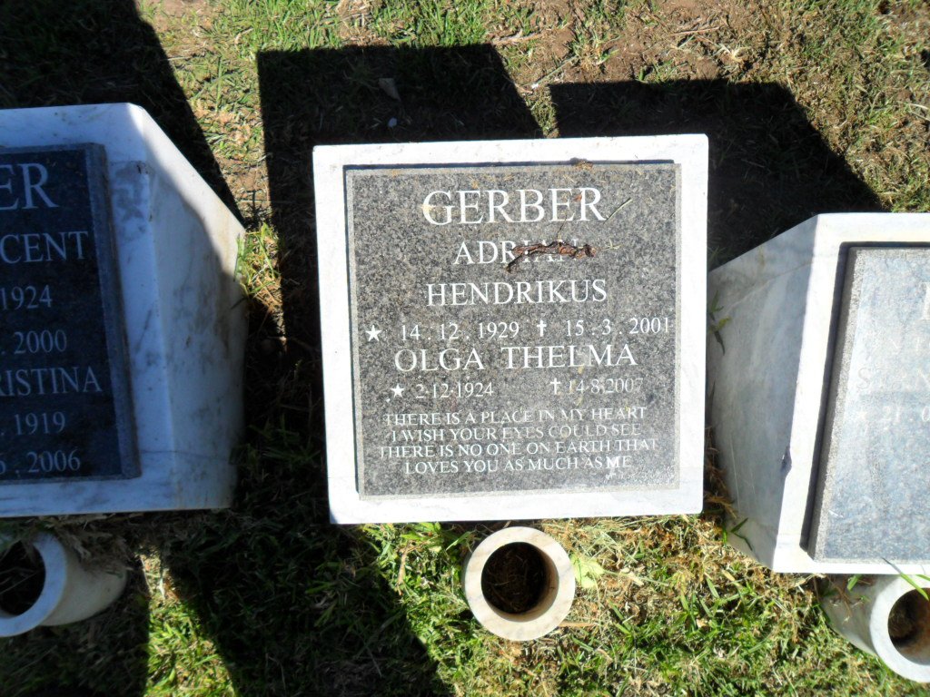 GERBER Adrian Hendrikus 1929-2001 &amp; Olga Thelma 1924-2007