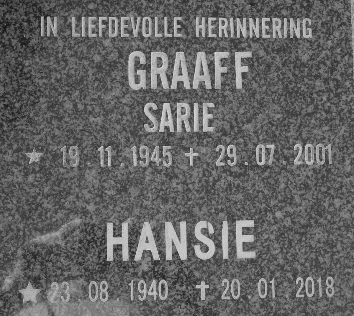 GRAAFF Hansie 1940-2018 &amp; Sarie 1945-2001