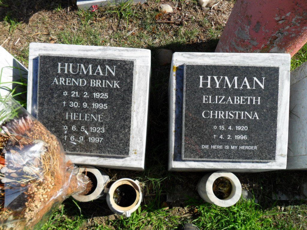 HUMAN Arend Brink 1925-1995 &amp; Helene 1923-1997 :: HYMAN Elizabeth Christina 1920-1996