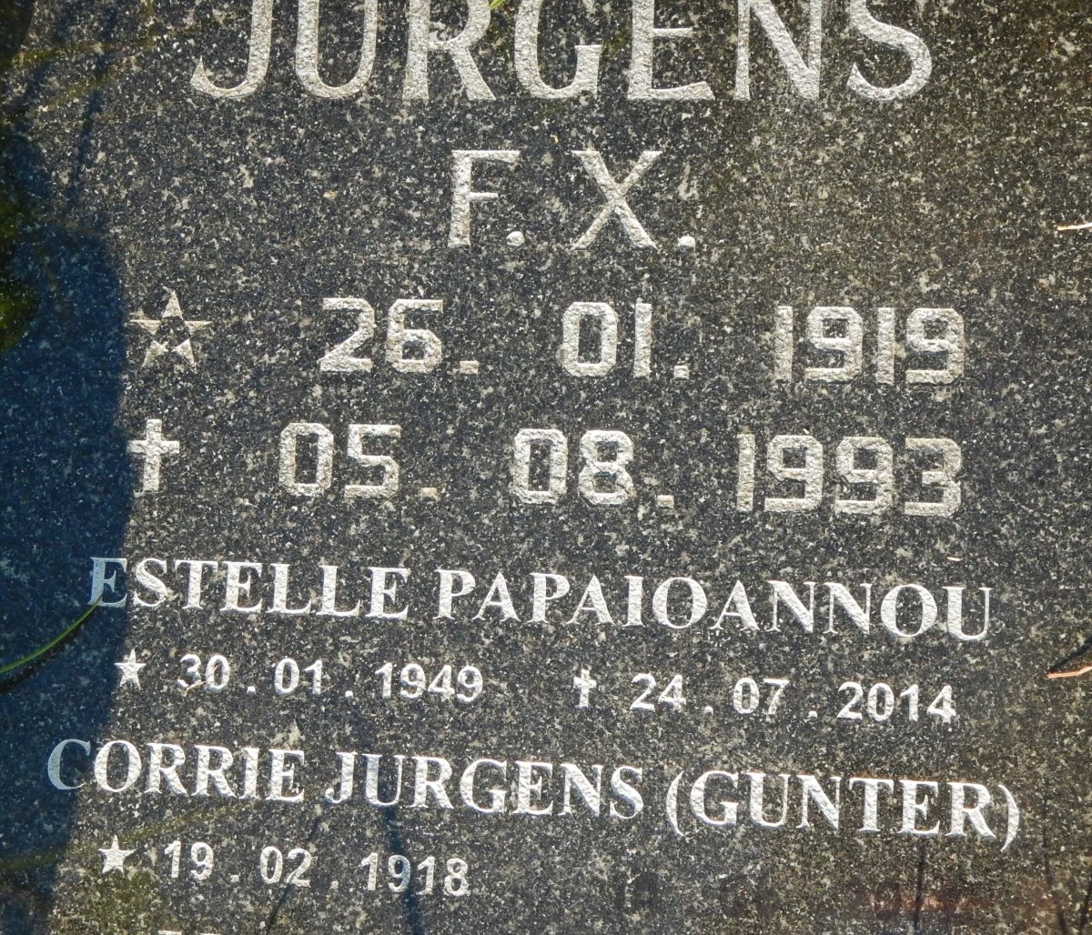 JURGENS F.X. 1919-1993 &amp; Corrie GUNTER 1918- :: PAPAIOANNOU Estelle 1949-2014