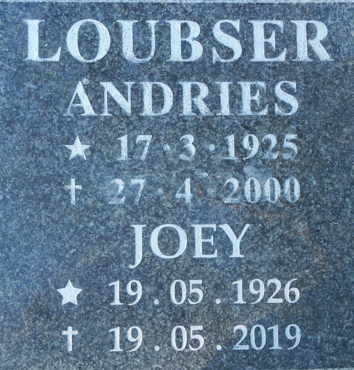 LOUBSER Andries 1925-2000 &amp; Joey 1926-2019