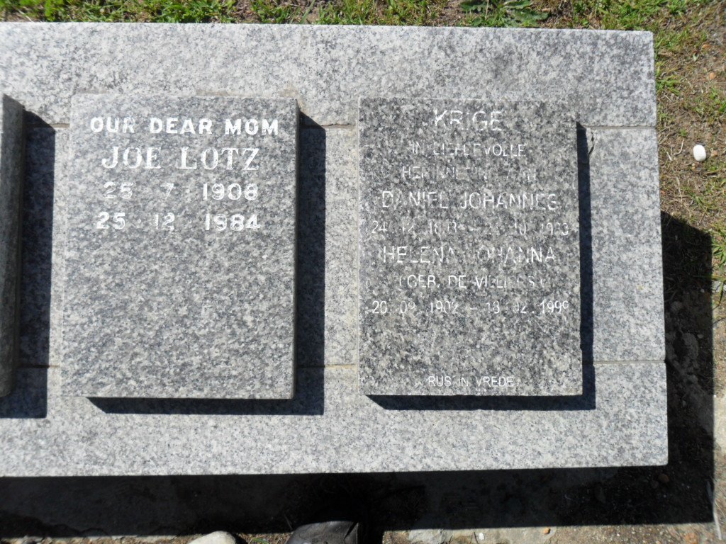 LOTZ Joe 1908-1984 :: KRIGE Daniel Johannes 1893-19?3 &amp; Helena Johanna DE VRIES 1902-1999