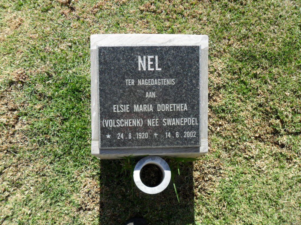 NEL Elsie Maria Dorothea, formerly VOLSCHENK, nee SWANEPOEL 1920-2002
