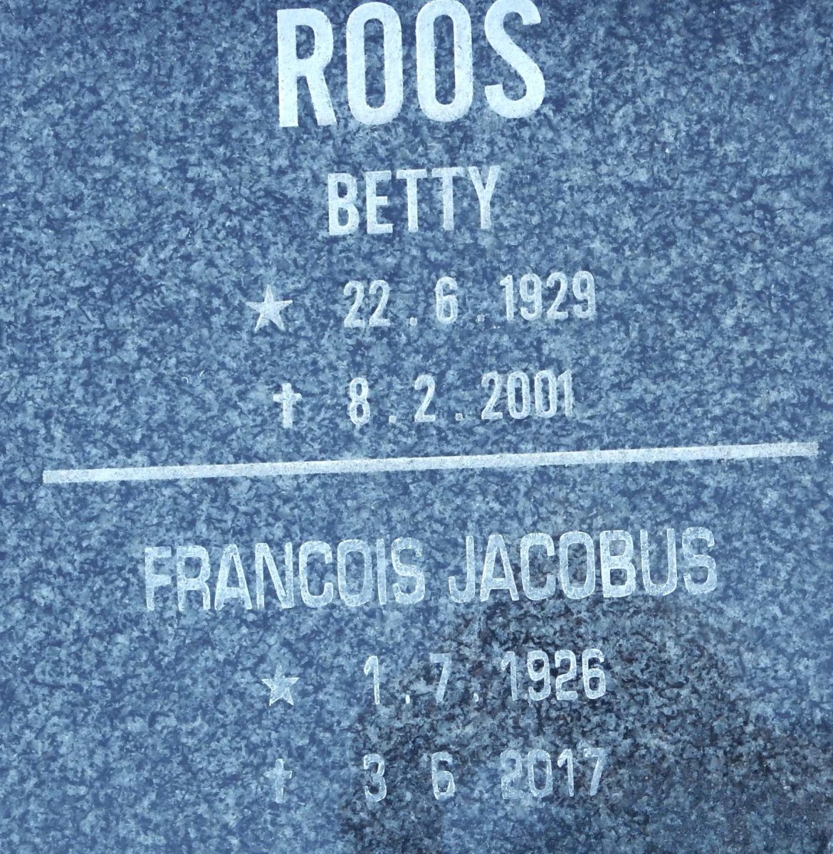 ROOS Francois Jacobus 1926-2017 &amp; Betty 1929-2001