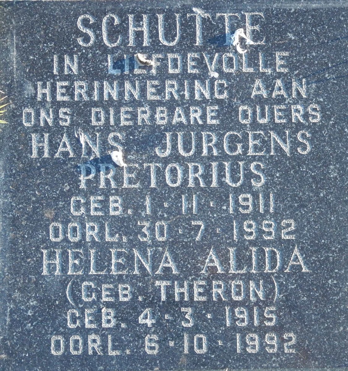 SCHUTTE Hans Jurgens Pretorius 1911-1992 &amp; Helena Alida THERON 1915-1992