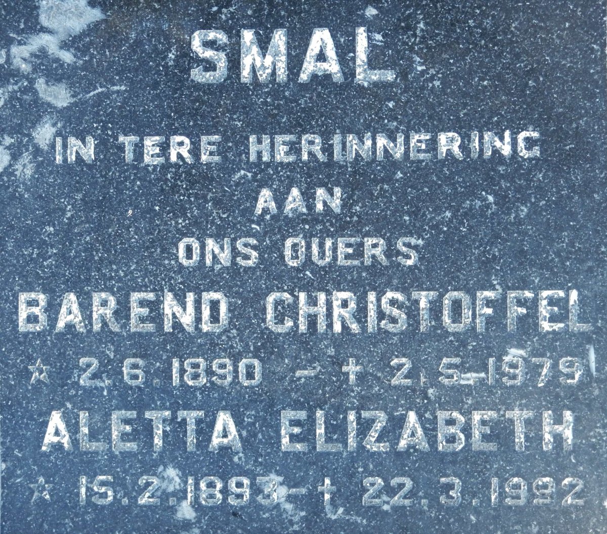 SMAL Barend Christoffel 1890-1979 &amp; Aletta Elizabeth 1893-1992