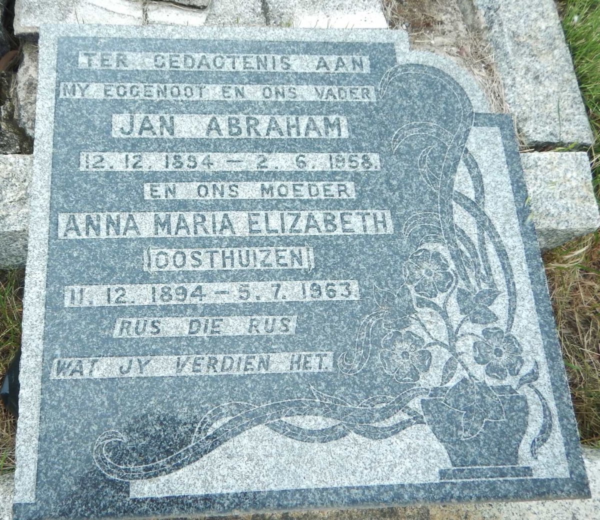 HUNLUN Jan Abraham 1894-1958 &amp; Anna Maria OOSTHUIZEN 1894-1963