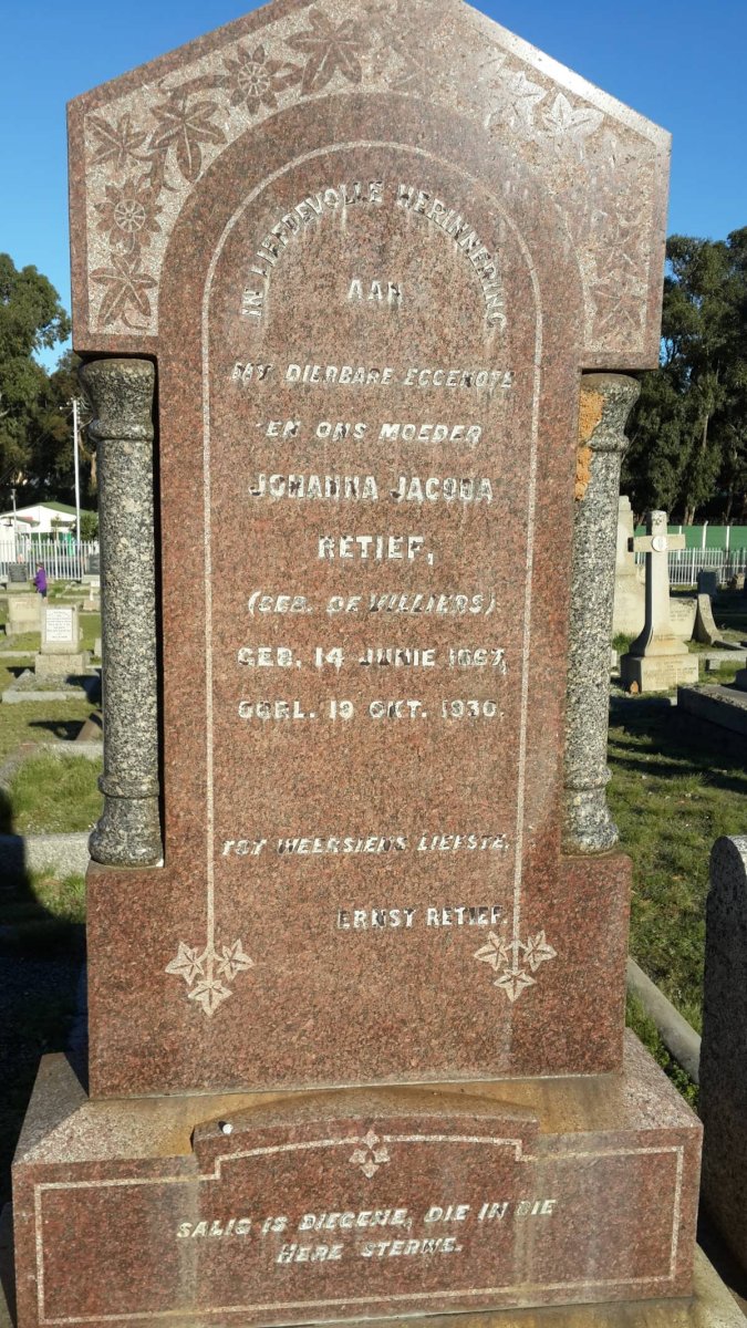 RETIEF Johanna Jacoba nee DE VILLIERS 1867-1930