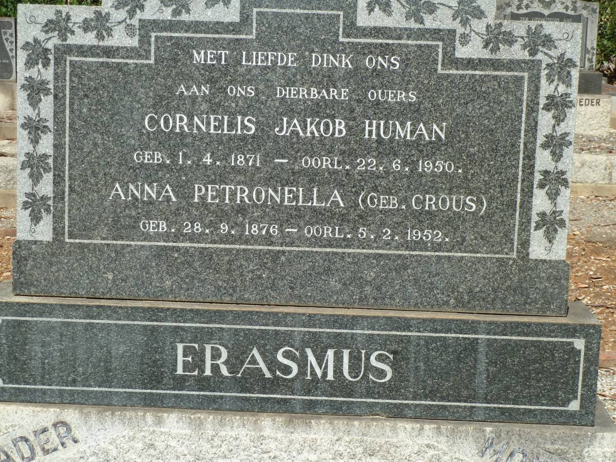 ERASMUS Cornelis Jakob Human 1871-1950 &amp; Anna Petronella CROUS 1876-1952