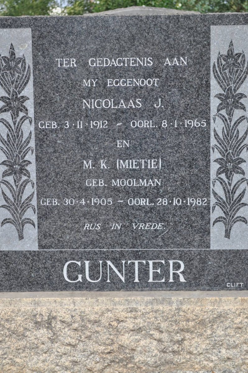 GUNTER Nicolaas J. 1912-1965 &amp; M.K. MOOLMAN 1905-1982