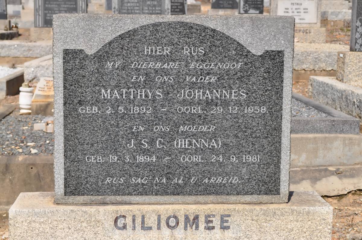 GILIOMEE Matthys Johannes 1892-1958 &amp; J.S.C. 1894-1981