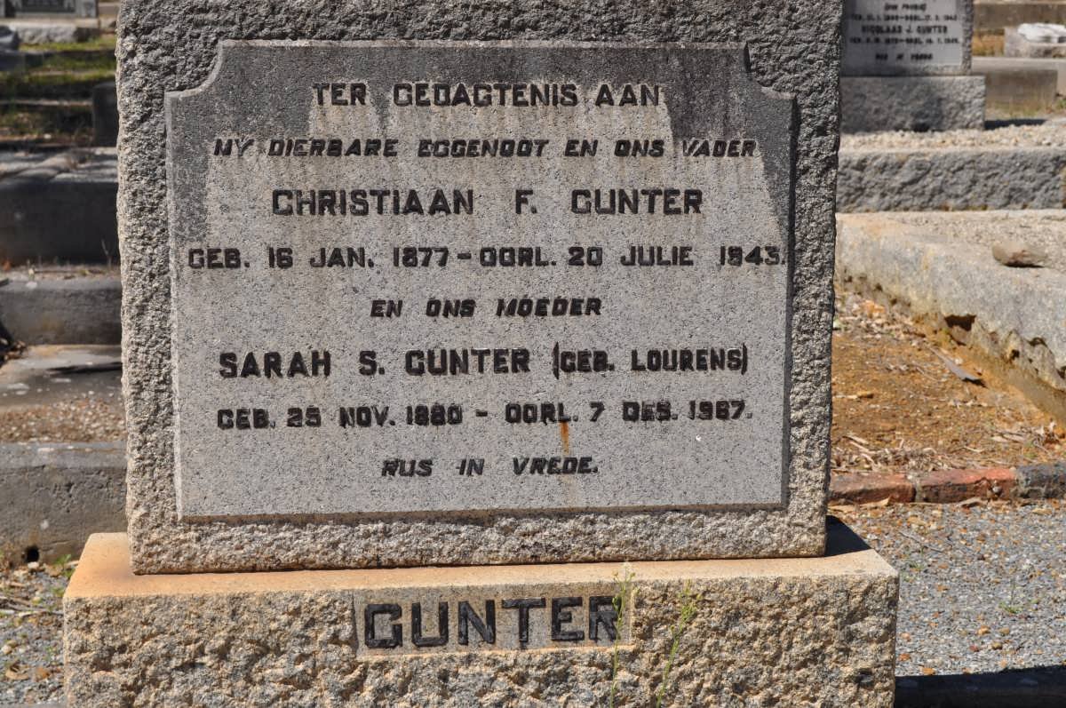 GUNTER Christiaan F. 1877-1943 &amp; Sarah S. LOURENS 1880-1967