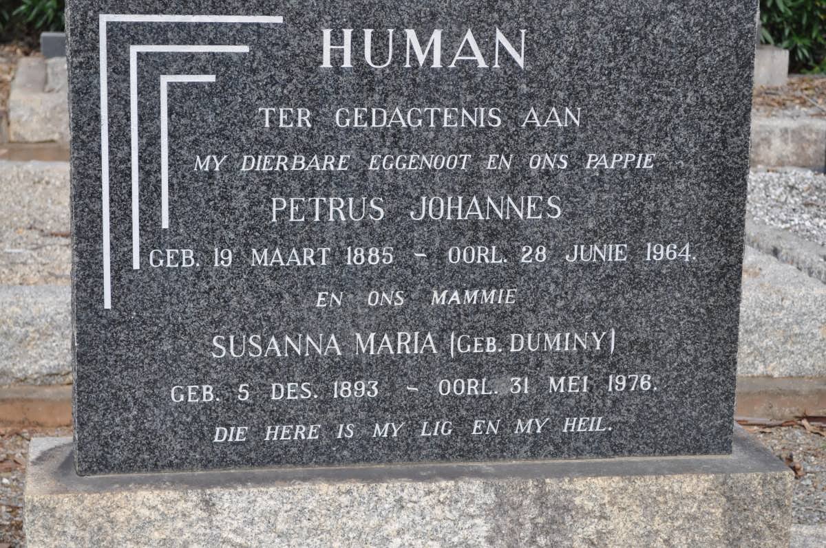 HUMAN Petrus Johannes 1885-1964 &amp; Susanna Maria DUMINY 1893-1976