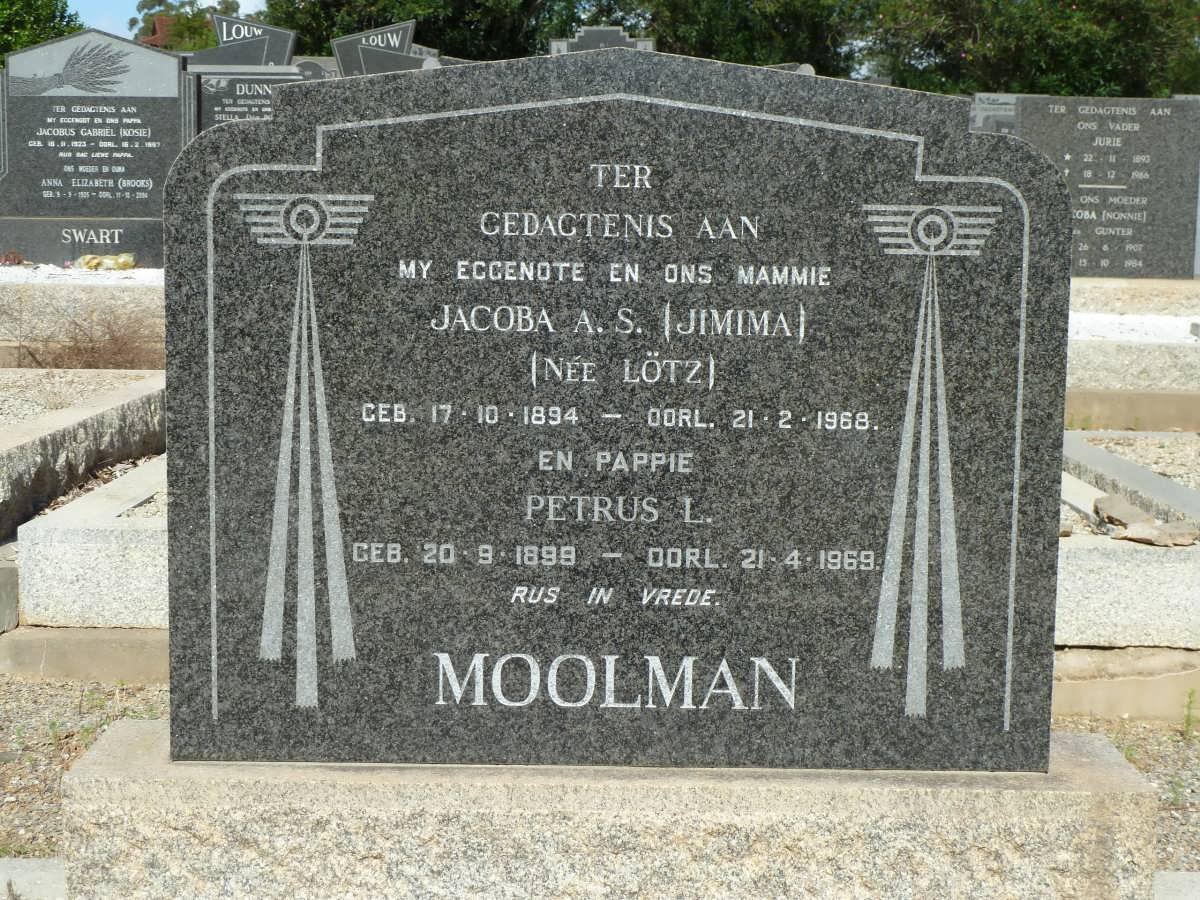 MOOLMAN Petrus L. 1899-1969 &amp; Jacoba A.S. LÖTZ 1894-1968