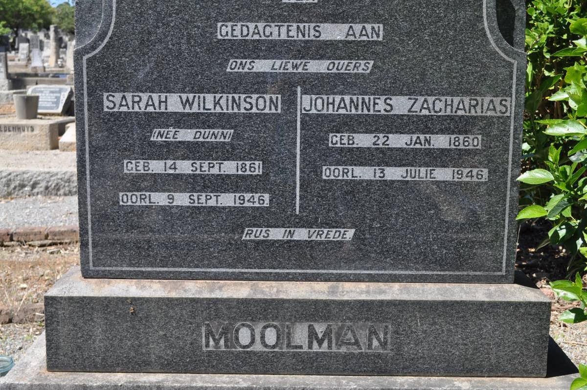 MOOLMAN Johannes Zacharias 1860-1946 &amp; Sarah Wilkinson DUNN 1861-1946