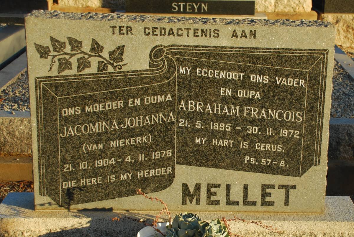 MELLET Abraham Francois 1895-1972 &amp; Jacomina Johanna VAN NIEKERK 1904-1976