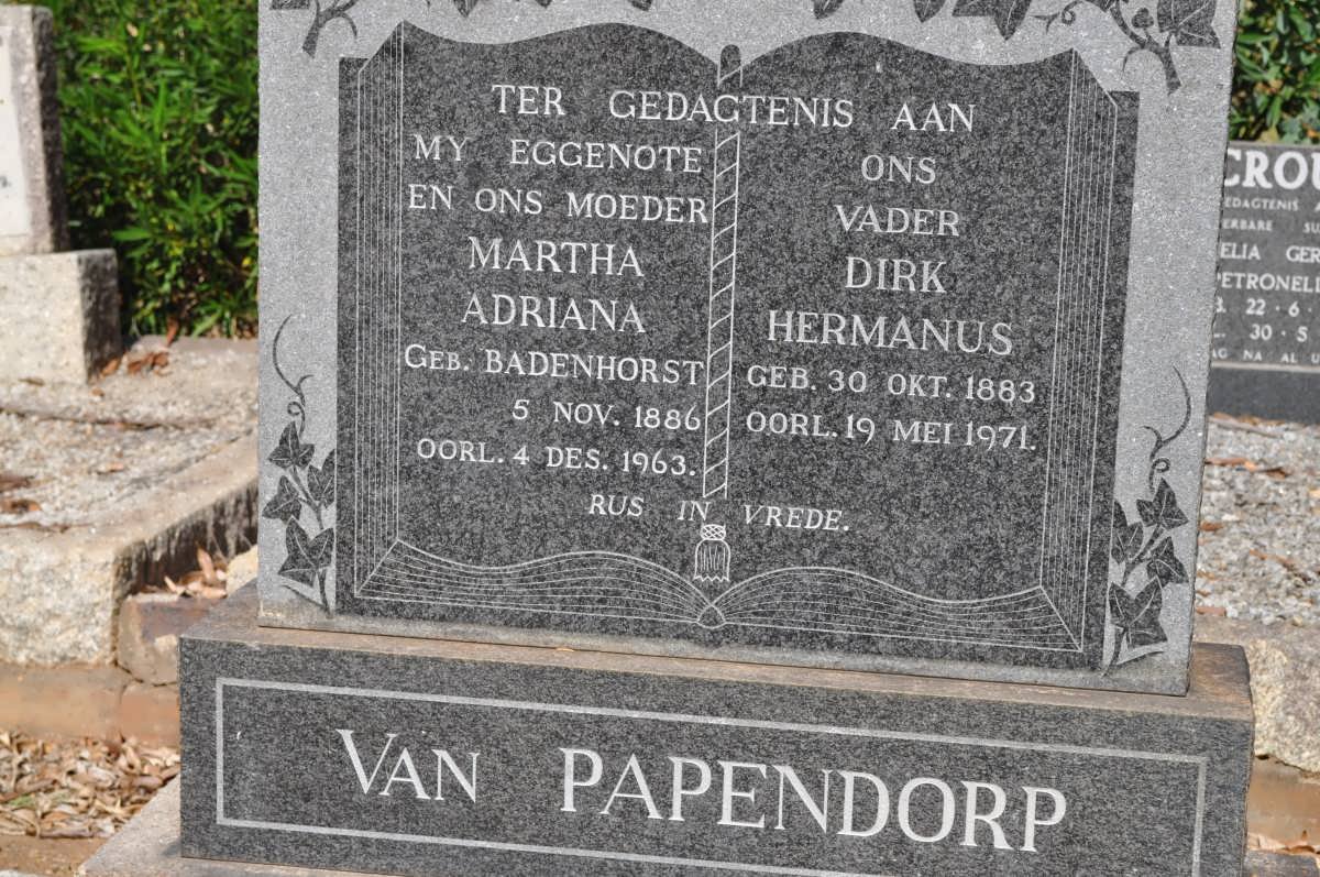 PAPENDORP Dirk Hermanus, van 1883-1971 &amp; Martha Adriana BADENHORST 1886-1963