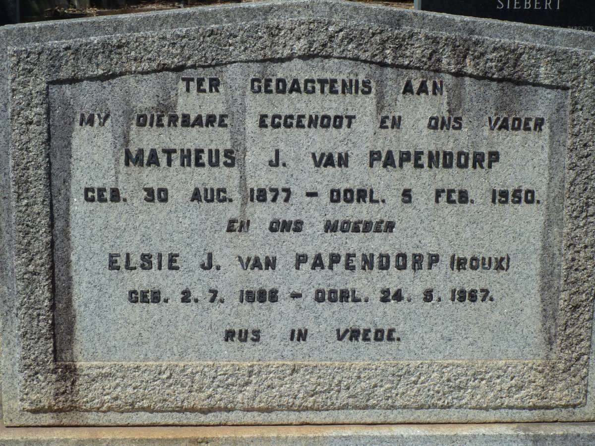 PAPENDORP Matheus J., van 1877-1950 &amp; Elsie J. ROUX 1886-1967