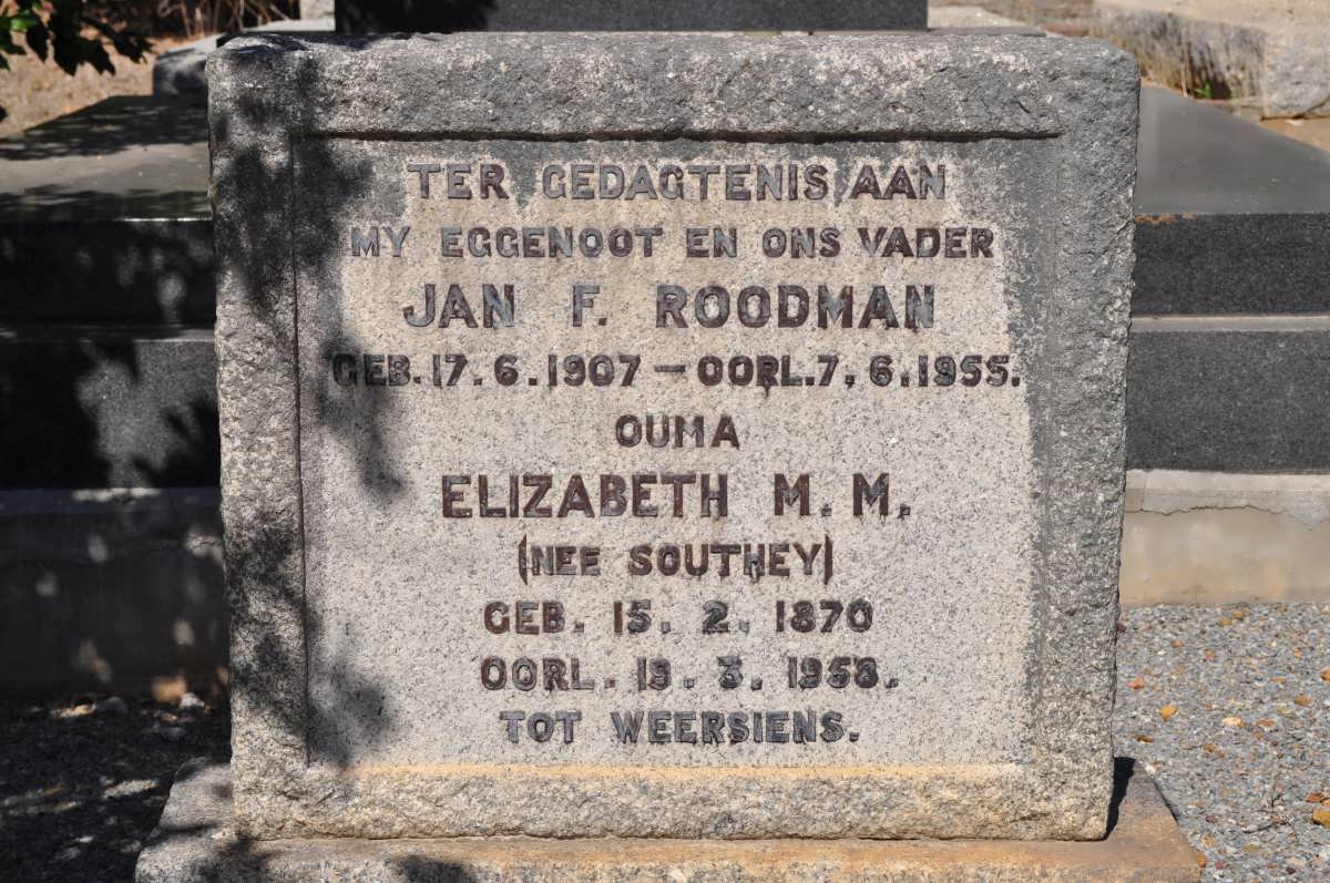 ROODMAN Jan F. 1907-1955 &amp; Elizabeth M.M. SOUTHEY 1870-1958